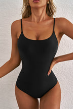Black Thin Strap Strappy Lace-up Open Back One Piece Swimsuit
