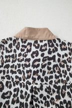 Multicolour Leopard Print Contrast Trim Button Split Neck Plus Long Sleeve Top