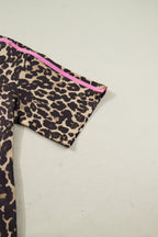 Apricot Leopard Print Contrast Varsity Striped Detail Loose T Shirt Dress