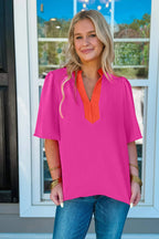 Rose Red Contrast V Neck Colorblock Wide Short Sleeve Top
