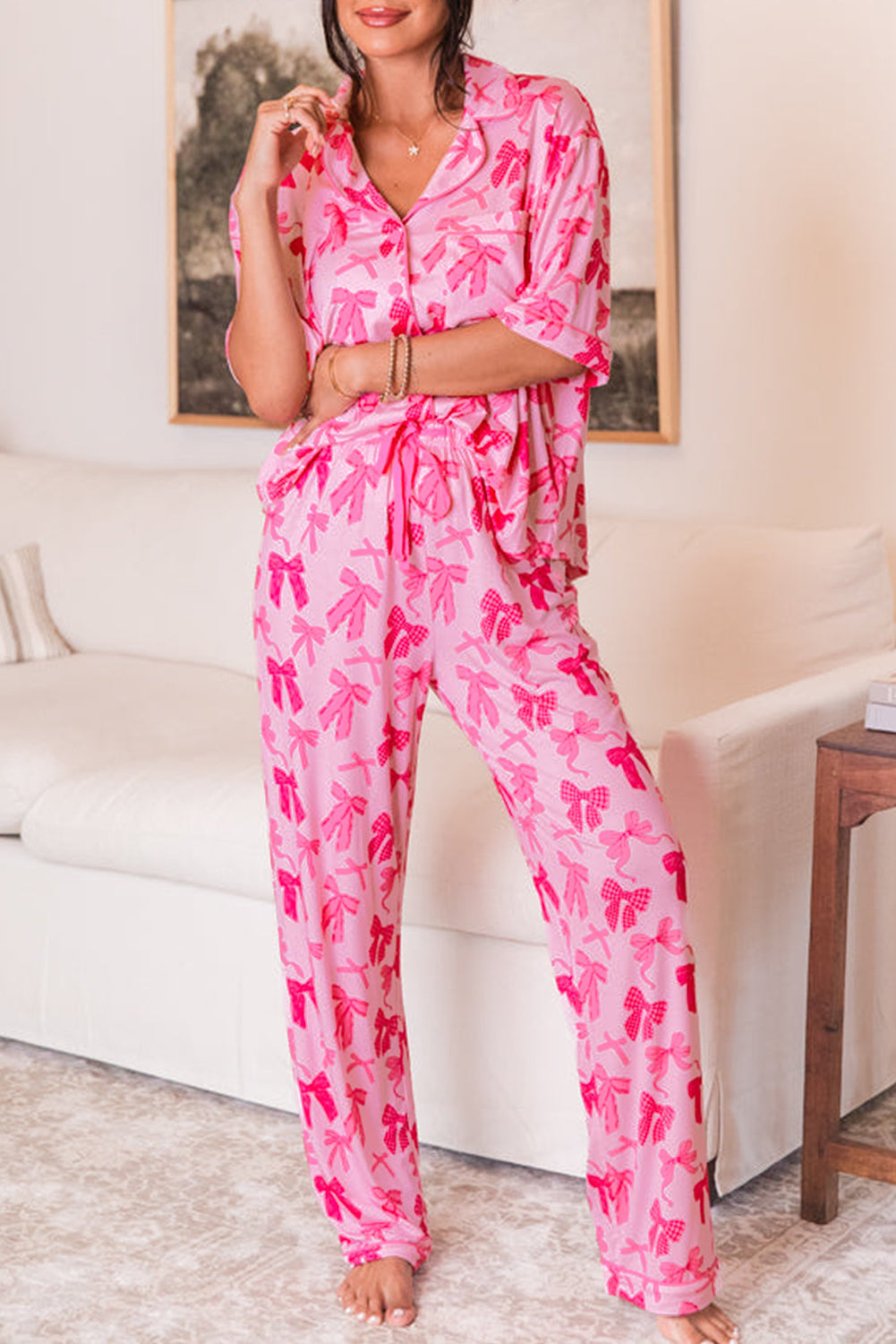 Pink Bow Knot Print Lapel Collar Short Sleeve and Pants Pyjamas Set