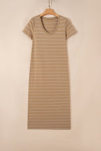 Khaki Stripe Casual Short Sleeve Side Slit Maxi T Shirt Dress