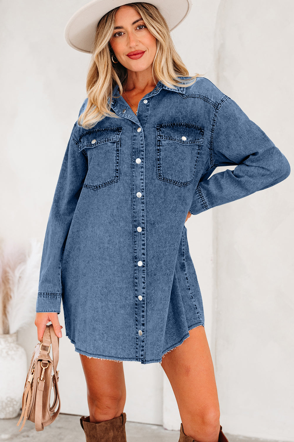 Chest Pocket Raw Hem Denim Loose Shirt Dress