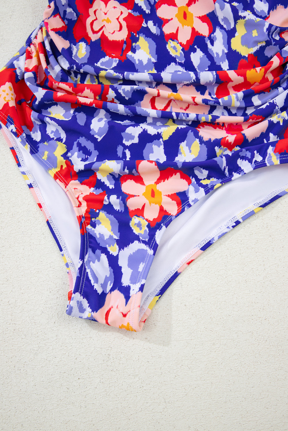 Blue Floral Ruffle Trim V Neck Lace-up Back Tummy Control One Piece Swimsuit
