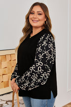 Black Bow Knot Patchwork Crewneck Plus Size Blouse