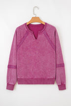 Rose Red Lace Patchwork Detail Notched Neck Mineral Wash Baggy Sweatshirt
