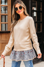 Beige Cable Texture Bohemian Ruffle Hem Patchwork Sweater