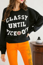 CLASSY UNTIL KICKOFF Plush Letter Patched Loose Sweatshirt