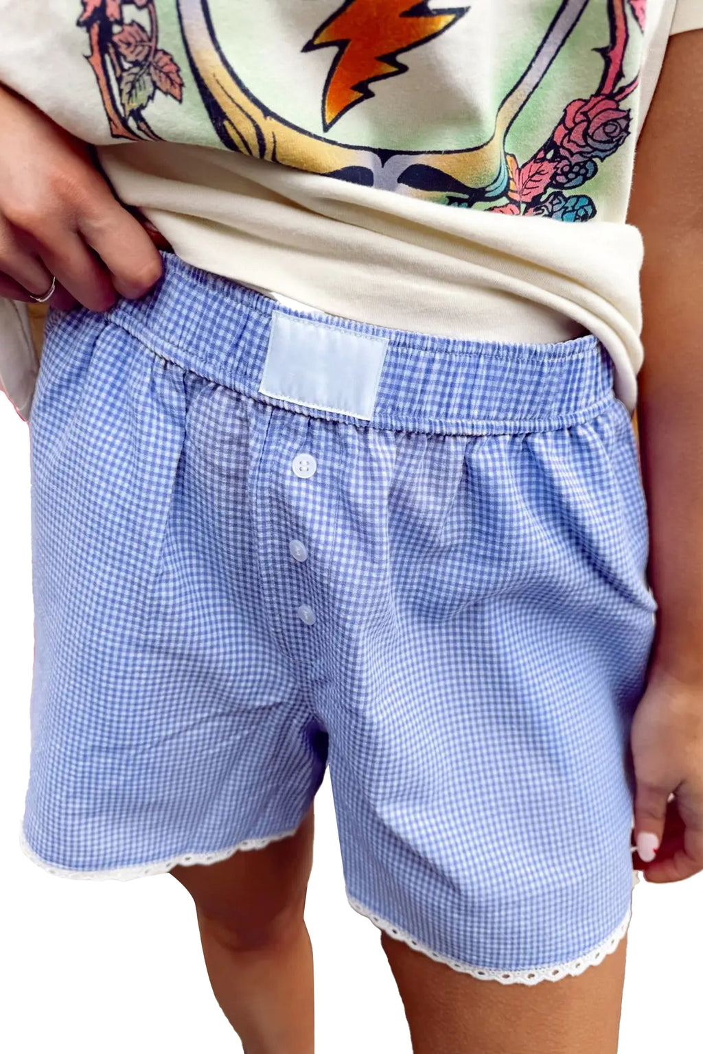 Sky Blue Gingham Plaid Button Detail Lace Trim Boxer Shorts