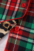 Racing Red Retro Plaid Leopard Print Patchwork Long Sleeve Shorts Pyjama Set