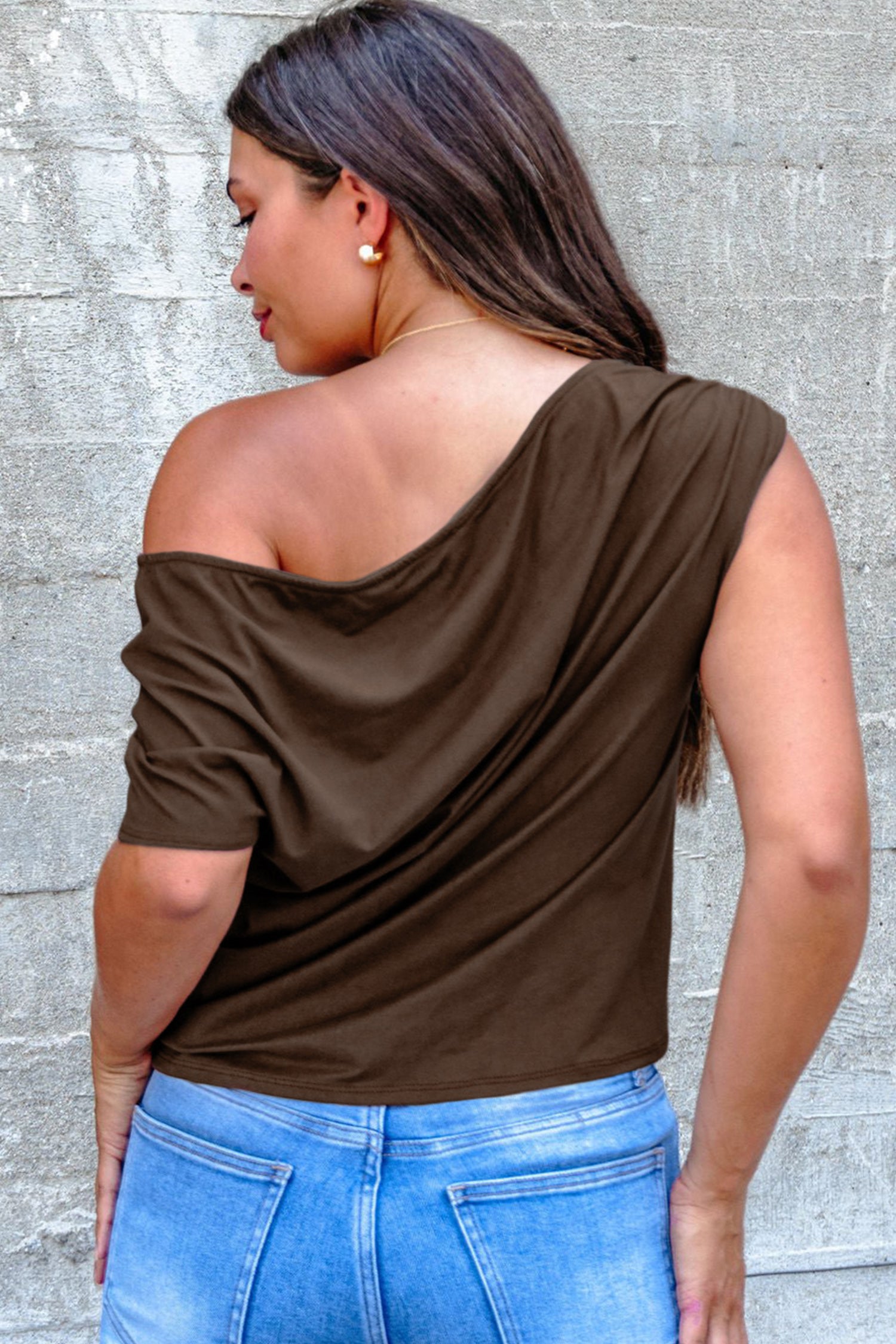 Plus Size Solid Color Asymmetric Neck Short Sleeve Blouse