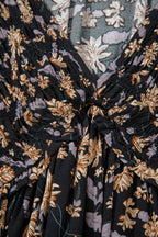 Black Floral Deep V Neck Smocked Bust Bubble Sleeve Babydoll Dress