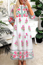 White Floral Print Half Button Mandarin Neck 3/4 Sleeve Maxi Dress
