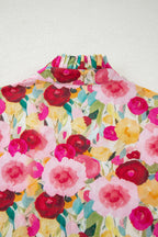 Pink Floral Frilled V Neck Puff Short Sleeve Blouse