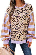 Purple Stripe Color Block Patchwork Leopard Casual Sweatshirt with Slits