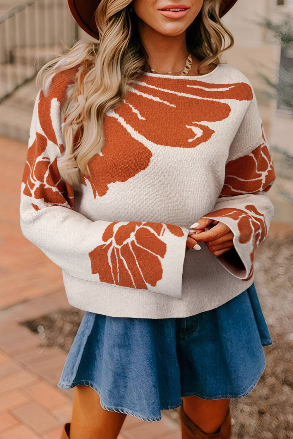 Bold Flower Pattern Wide Sleeve Baggy Sweater