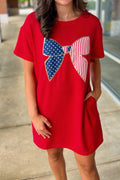 Fiery Red Sequin Trim Stars and Stripes Bow Patched T Shirt Mini Dress