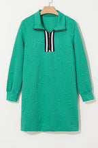 Jacquard Textured Quarter Zipper Shift Mini Dress