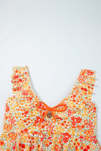 Orange Ruffled Trim Keyhole Accent Floral One Piece Swimsuit