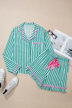 Green Stripe Contrast Ricrac Trim Long Sleeve Shirt Drawstring Ruffled Pyjama Short Set
