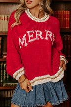 Fiery Red MERRY Color Block Edge Drop Shoulder Cozy Sweater