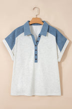 Beige Plus Size Contrast Denim Patchwork Cuffed Sleeve Polo Tee
