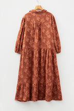 Cinnamon Plus Size Textured 3D Flower Pattern Ruffle Hem 3/4 Sleeve Long Dress