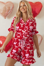 Red Sweet Bow Print Ruffled Short Sleeve Shirt Shorts 2pcs Pyjama Set