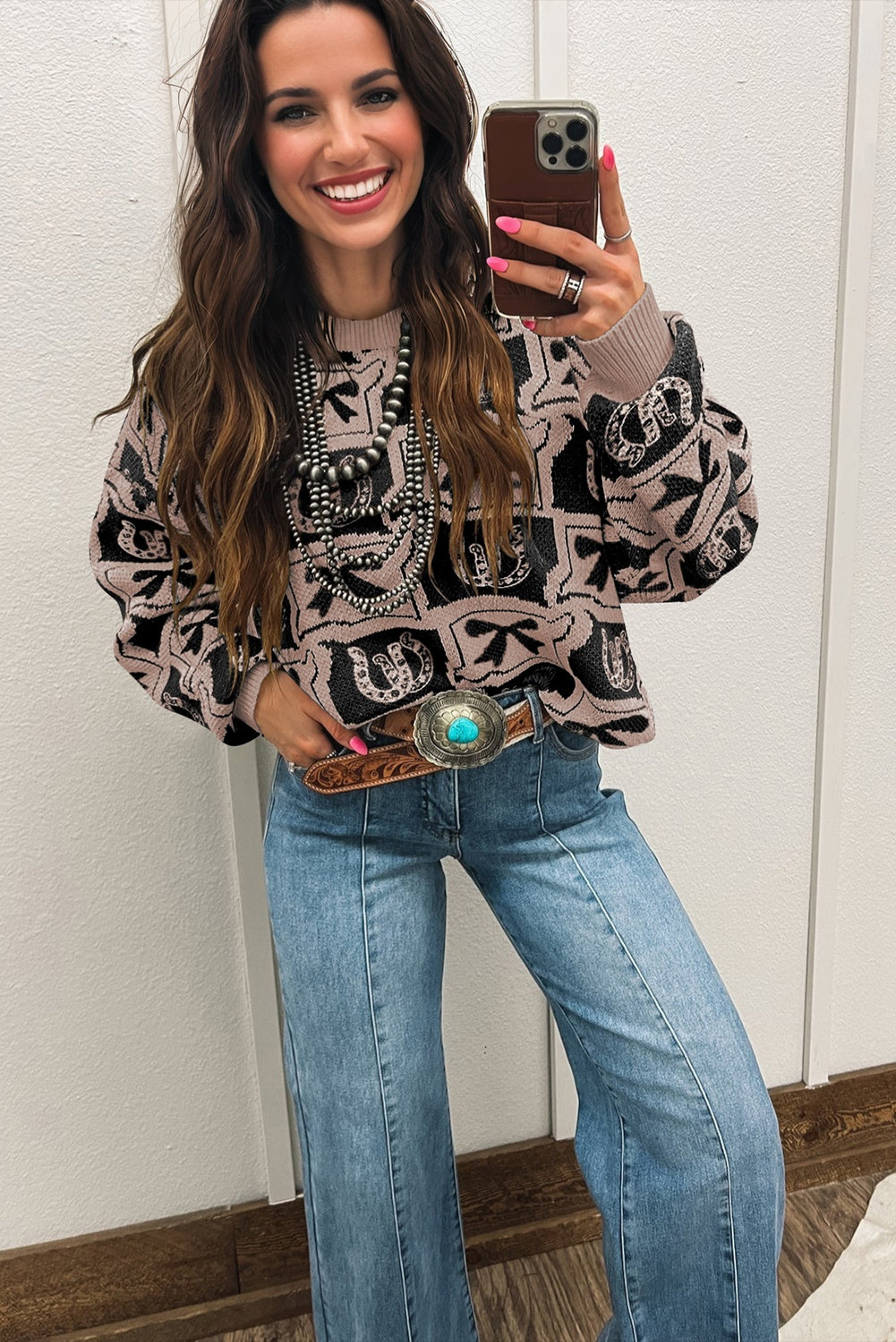 Light Blue Bows & Horseshoes Pattern Western Fashion Print Sweater