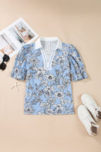 Sky Blue Floral Striped Printed Polo Collar Short Sleeve Blouse