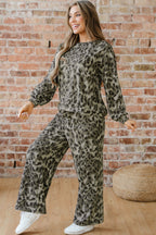 Leopard Print Raw Seam Patchwork Pullover Drawstring Loose Pant Set