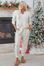 White Polka Dot Print Notched Neck Long Sleeve Top Drawstring Jogger Pants Waffle Knit Lounge Set