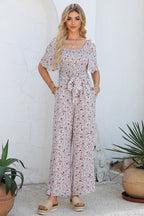 White Smocked Short Sleeve Wide Leg Floral Print Jumpsuit