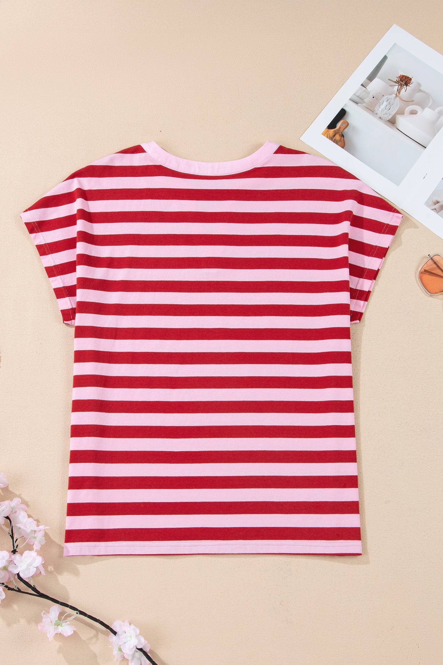 Pink Stripe Split V Neck Casual T Shirt
