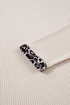 Parchment Ribbed Contrast Leopard Edge Round Neck Plus Knit Top