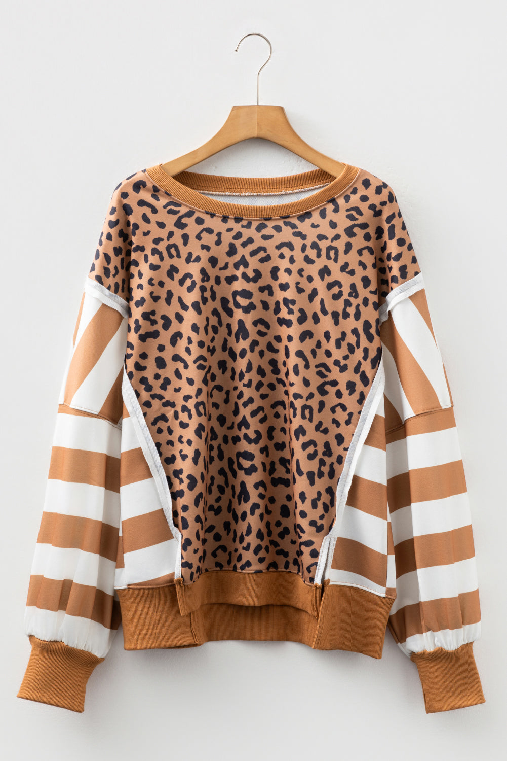 Purple Stripe Color Block Patchwork Leopard Casual Sweatshirt with Slits