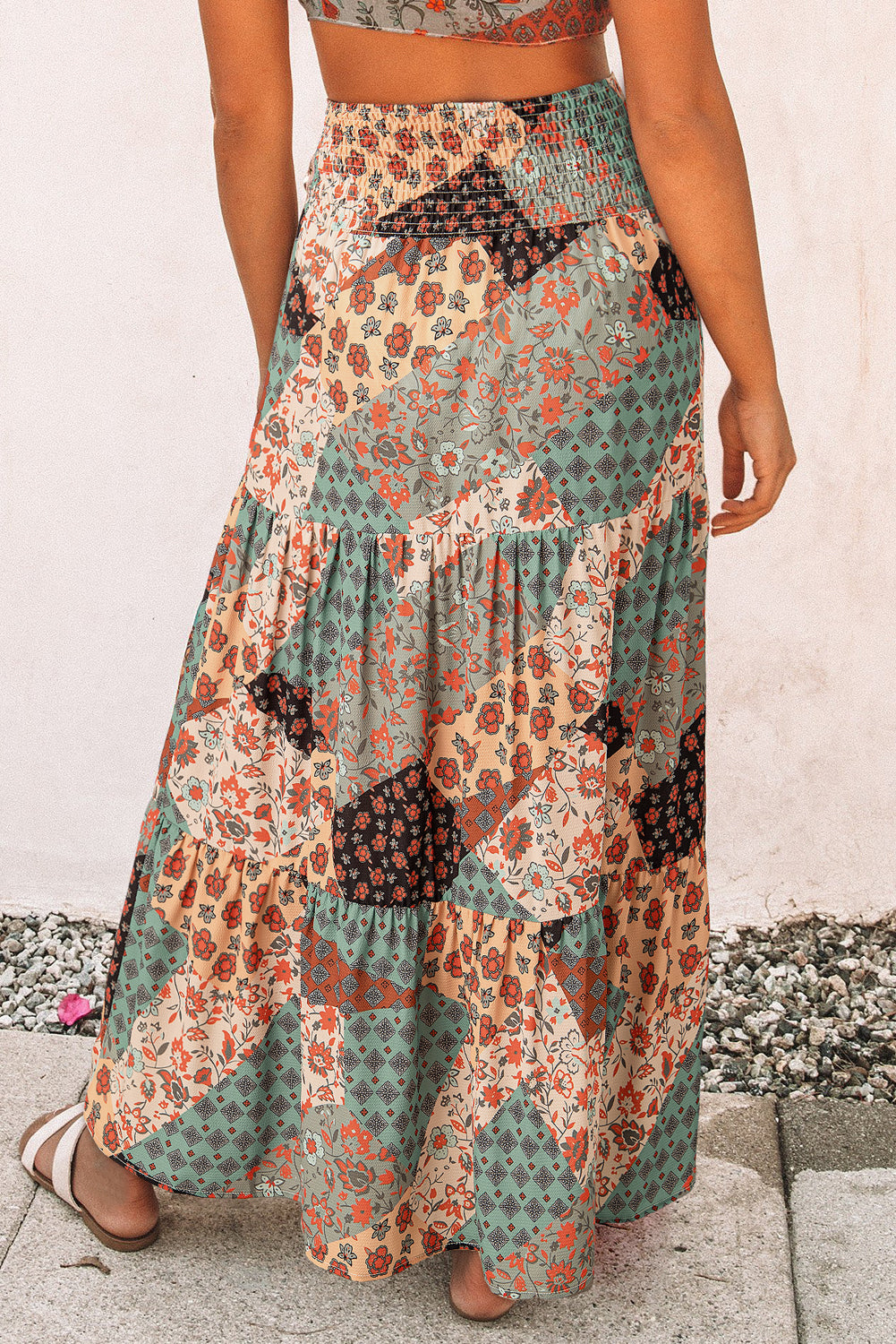 Multicolor Boho Print Tie-Up Waist Long Maxi Skirt