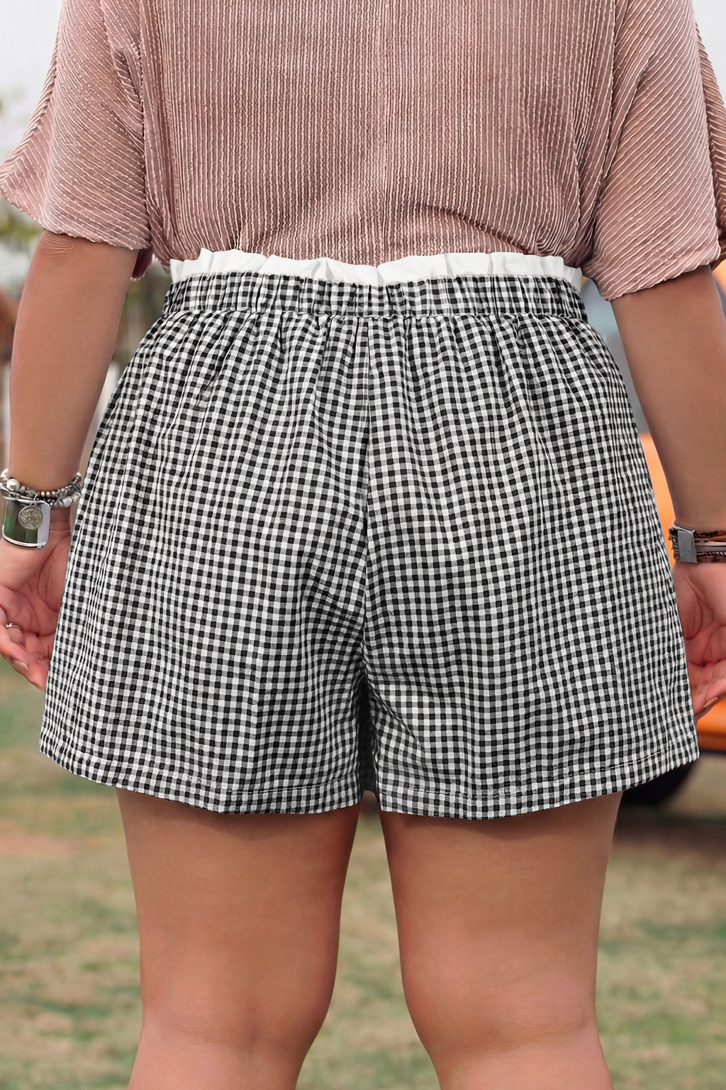 Contrast Trim Plaid Print Plus Size Shorts