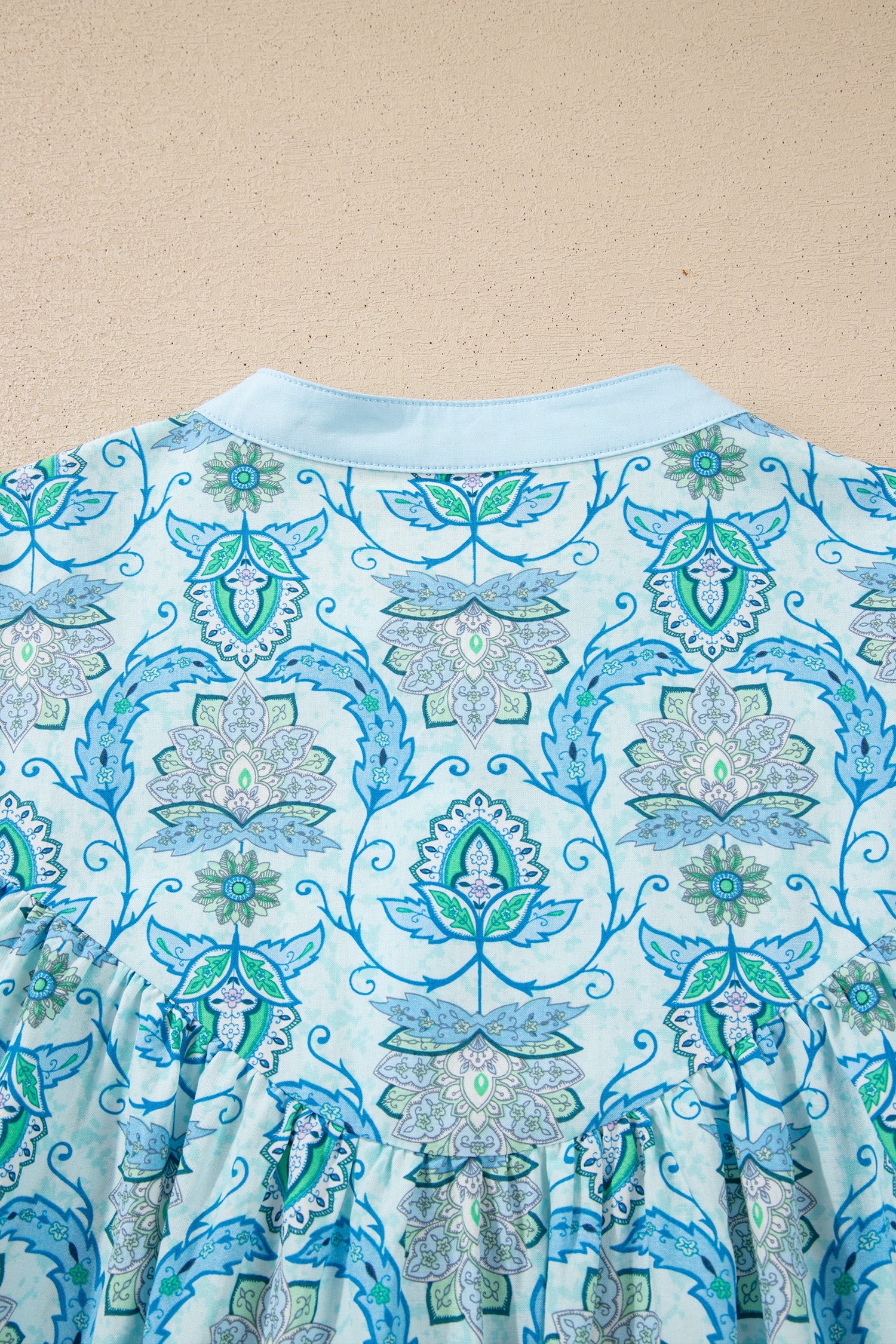 Sky Blue Paisley Print Puff Sleeve Loose Shirt