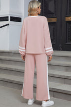 Black Varsity Stripe Patchwork Puff Sleeve Pullover Drawstring Wide Leg Pant Set