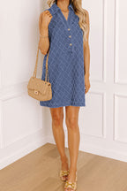 Sail Blue Rhombus Textured Collar Buttoned V Neck Denim Sleeveless Mini Dress