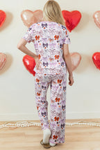 Pink Diverse Bows Buttons Printed Contrast Trim Short Sleeve Shirt Pajama Pant Set