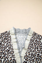 Black Leopard Print Striped Ruffled Color Block Trim V Neck Short Sleeve Blouse