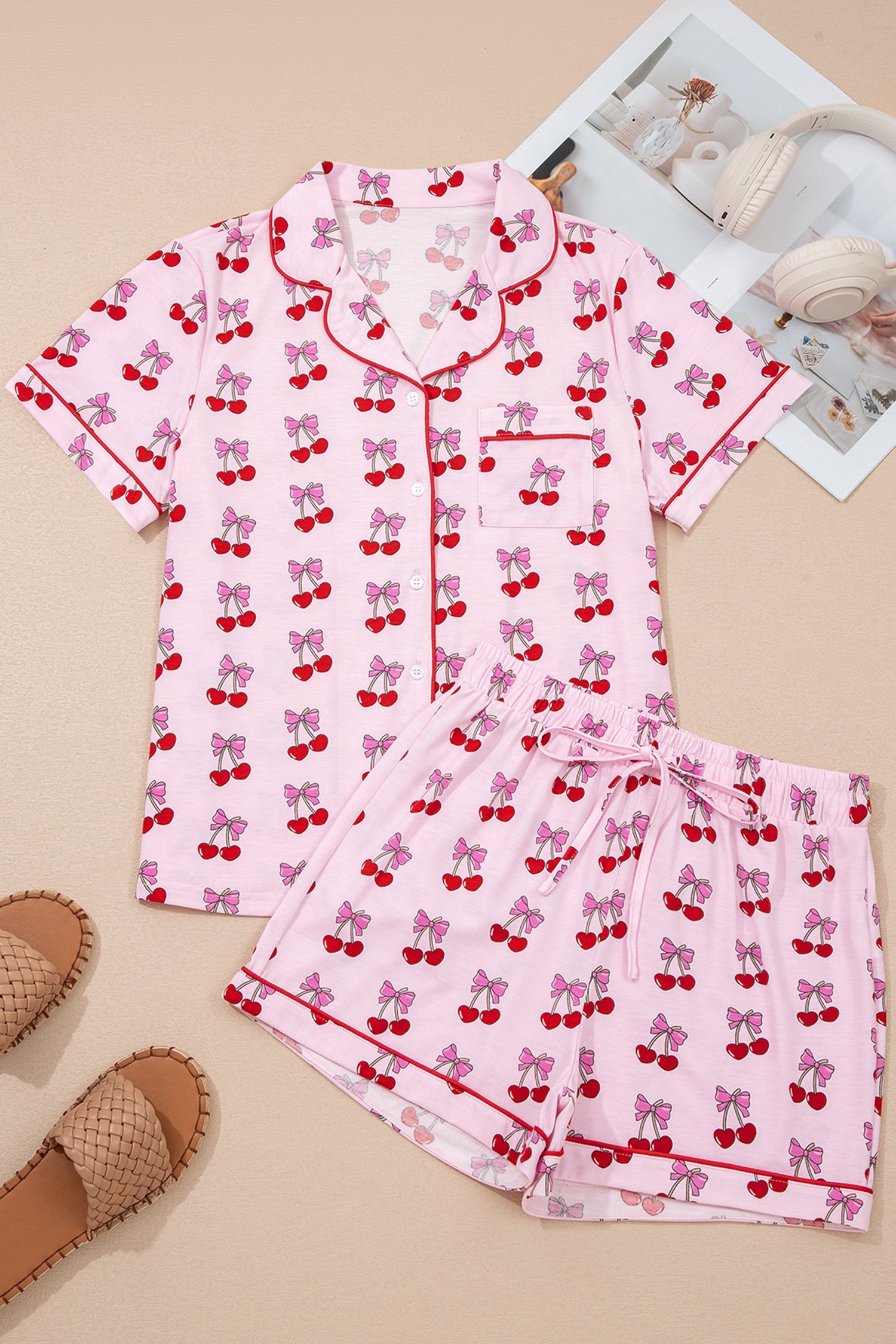 Pink Cherry/Bow Print Short Pyjama Set
