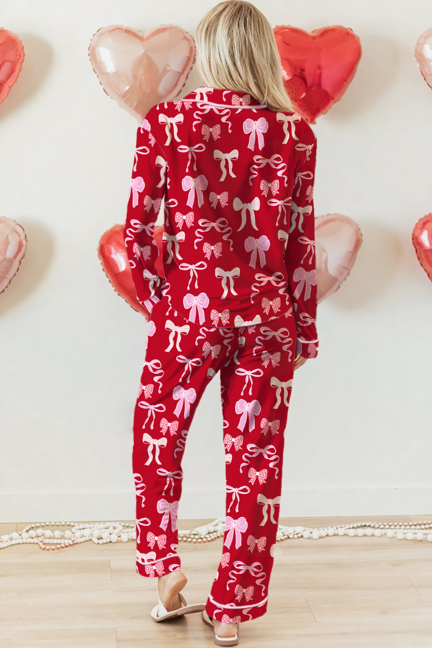Red Sweet Bow Print Shirt Style Top Long 2pcs Pyjama Set