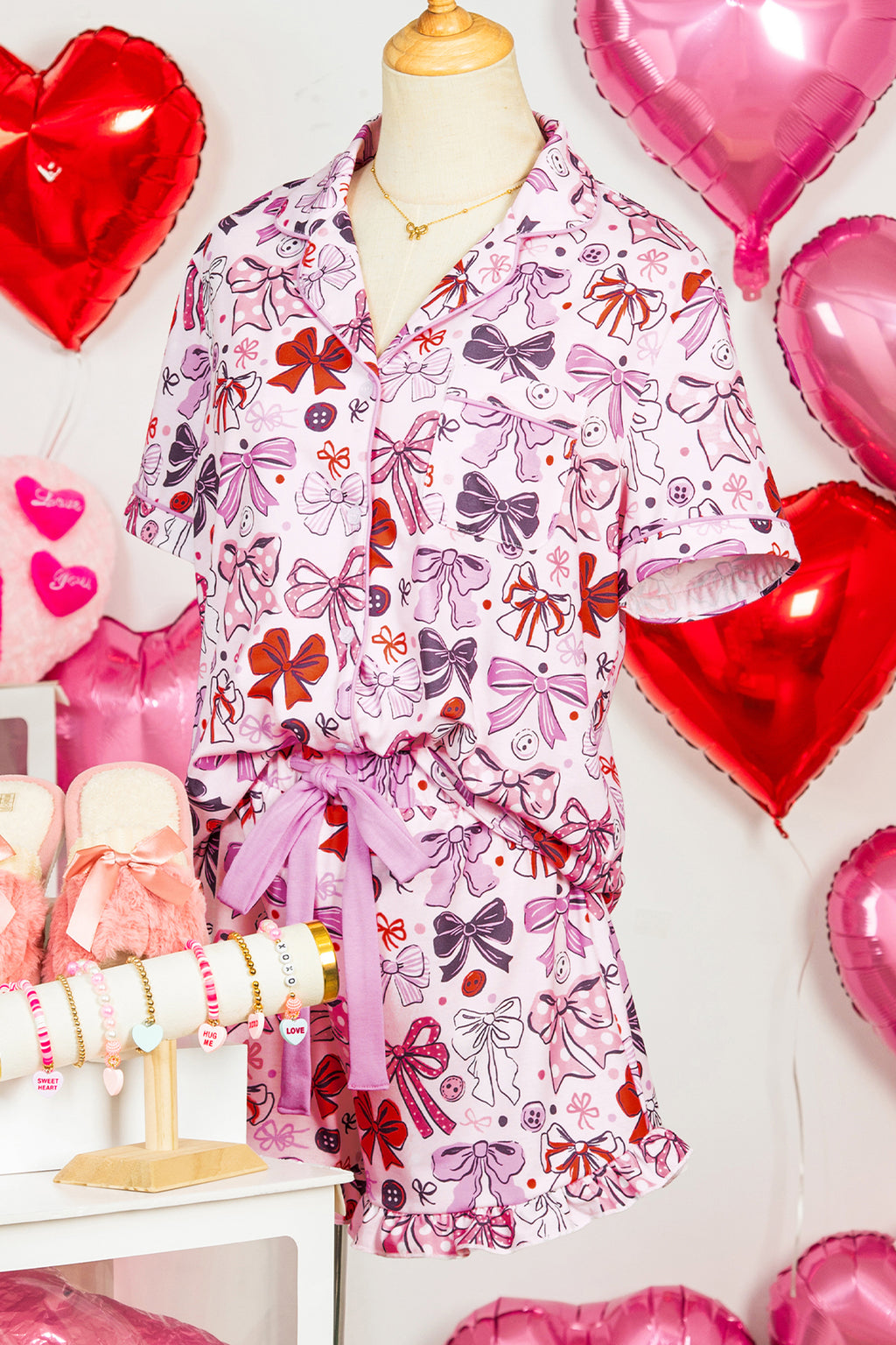 Pink Cute Ribbon Bows Printed 2pcs Short Pyjama Set