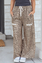 Khaki Animal Print Wide Leg Terry Knit Pants