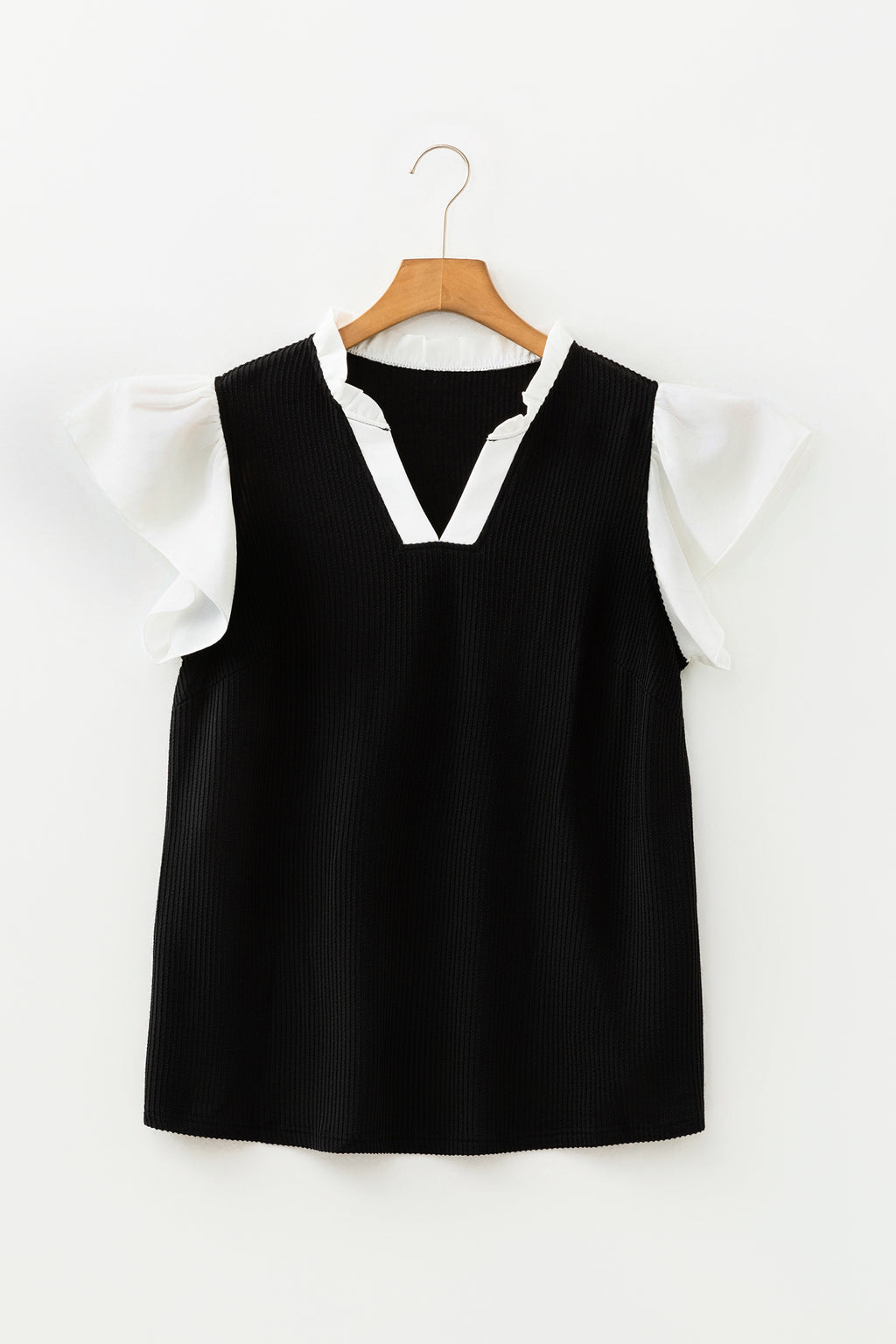 Plus Size Contrast Frilled Neckline Ruffled Short Sleeve Ribbed Textured Blouse