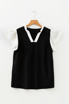 Plus Size Contrast Frilled Neckline Ruffled Short Sleeve Ribbed Textured Blouse