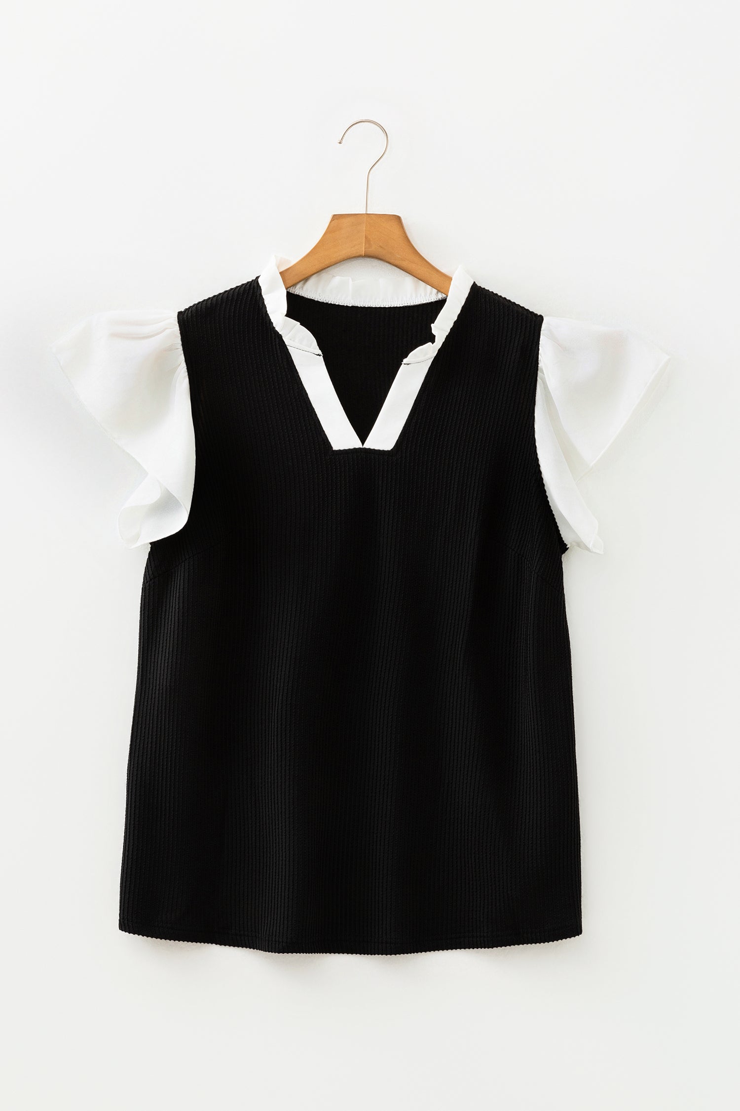 Plus Size Contrast Frilled Neckline Ruffled Short Sleeve Ribbed Textured Blouse